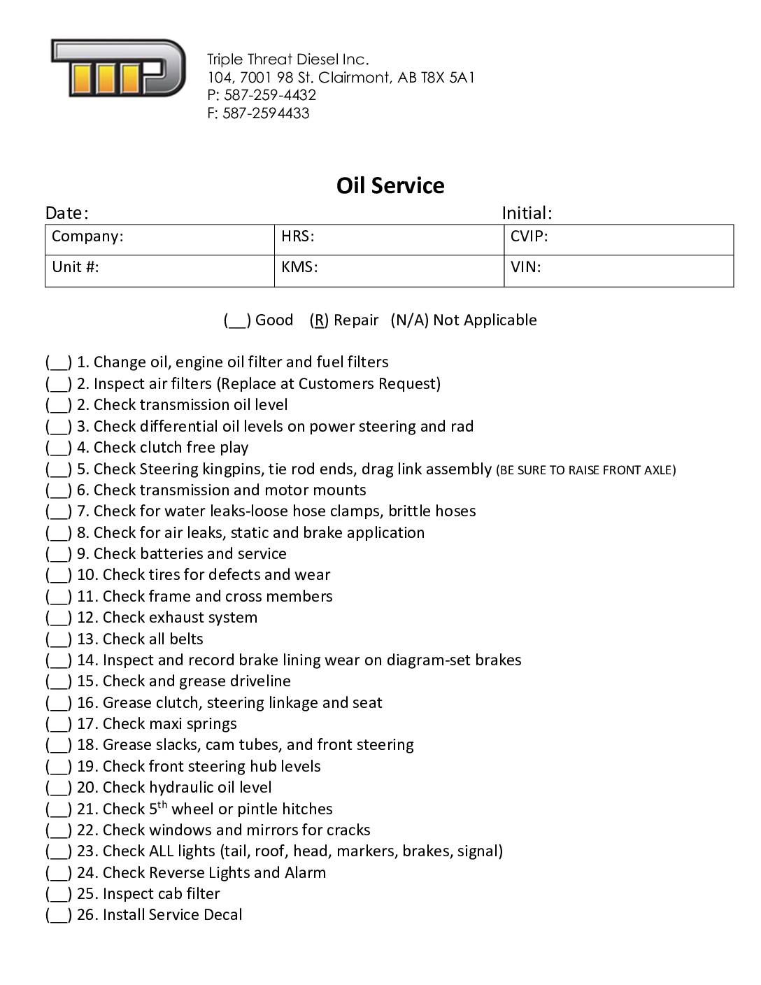 TTD Service Inspection Sheet